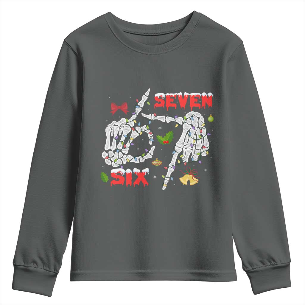 Six And Seven Meme Skeleton Youth Sweatshirt Funny Trendy Christmas Party Gift TS12 Dark Heather Print Your Wear