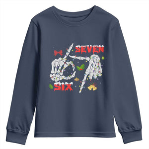 Six And Seven Meme Skeleton Youth Sweatshirt Funny Trendy Christmas Party Gift TS12 Navy Print Your Wear