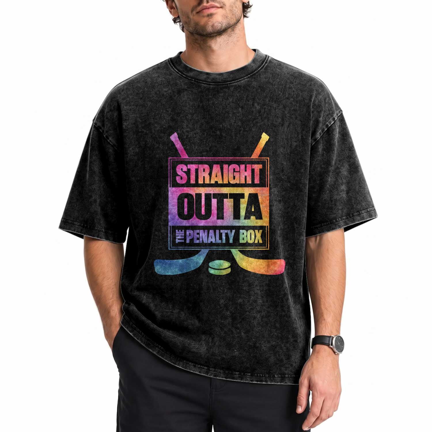 Straight Outta The Penalty Box Washed Cotton T-Shirt Tie Dye Effect Hockey Player Gift