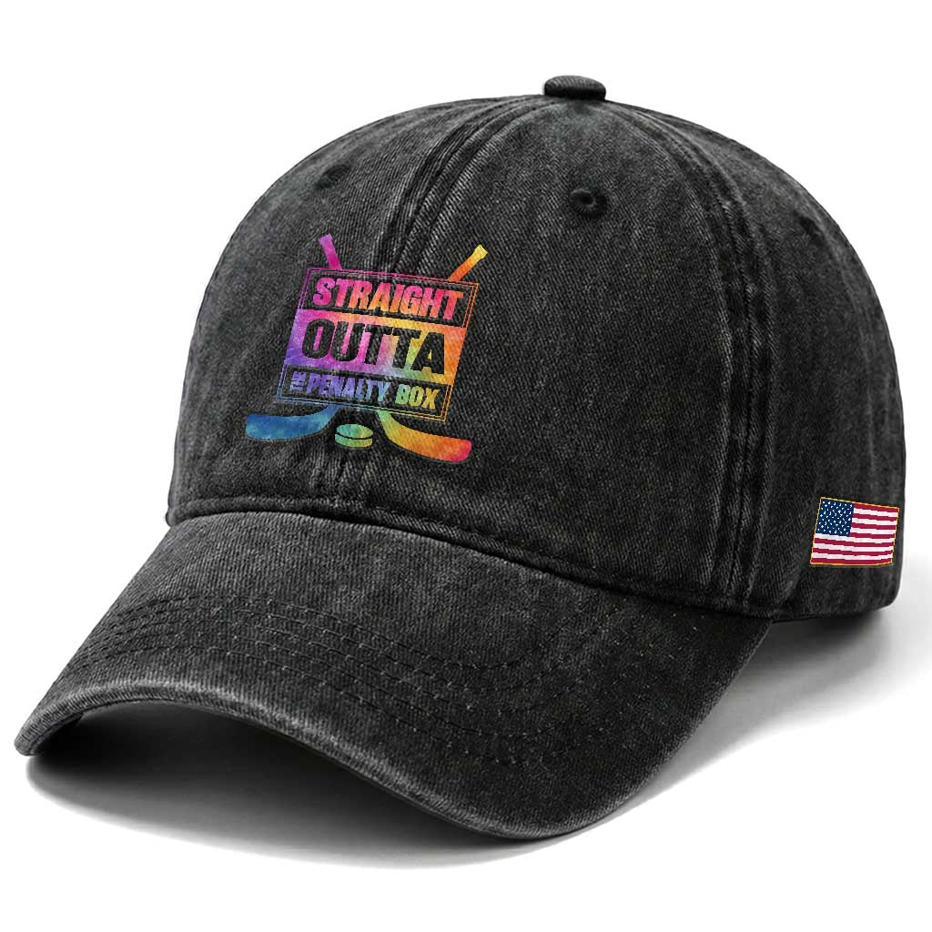 Straight Outta The Penalty Box Washed Cotton Baseball Cap Tie Dye Effect Hockey Player Gift TS12 Print Your Wear