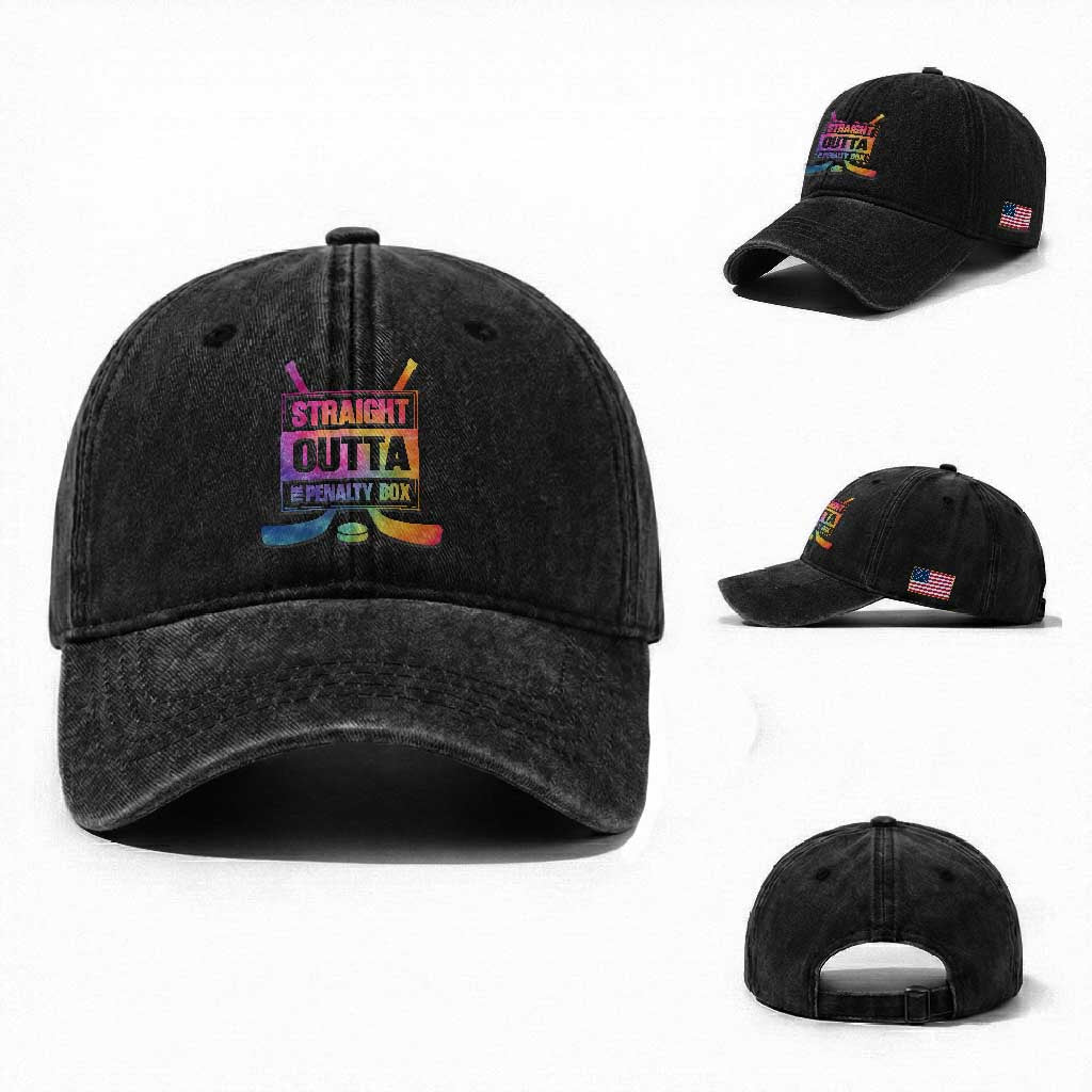 Straight Outta The Penalty Box Washed Cotton Baseball Cap Tie Dye Effect Hockey Player Gift TS12 Washed Cap Universal Fit Black Print Your Wear