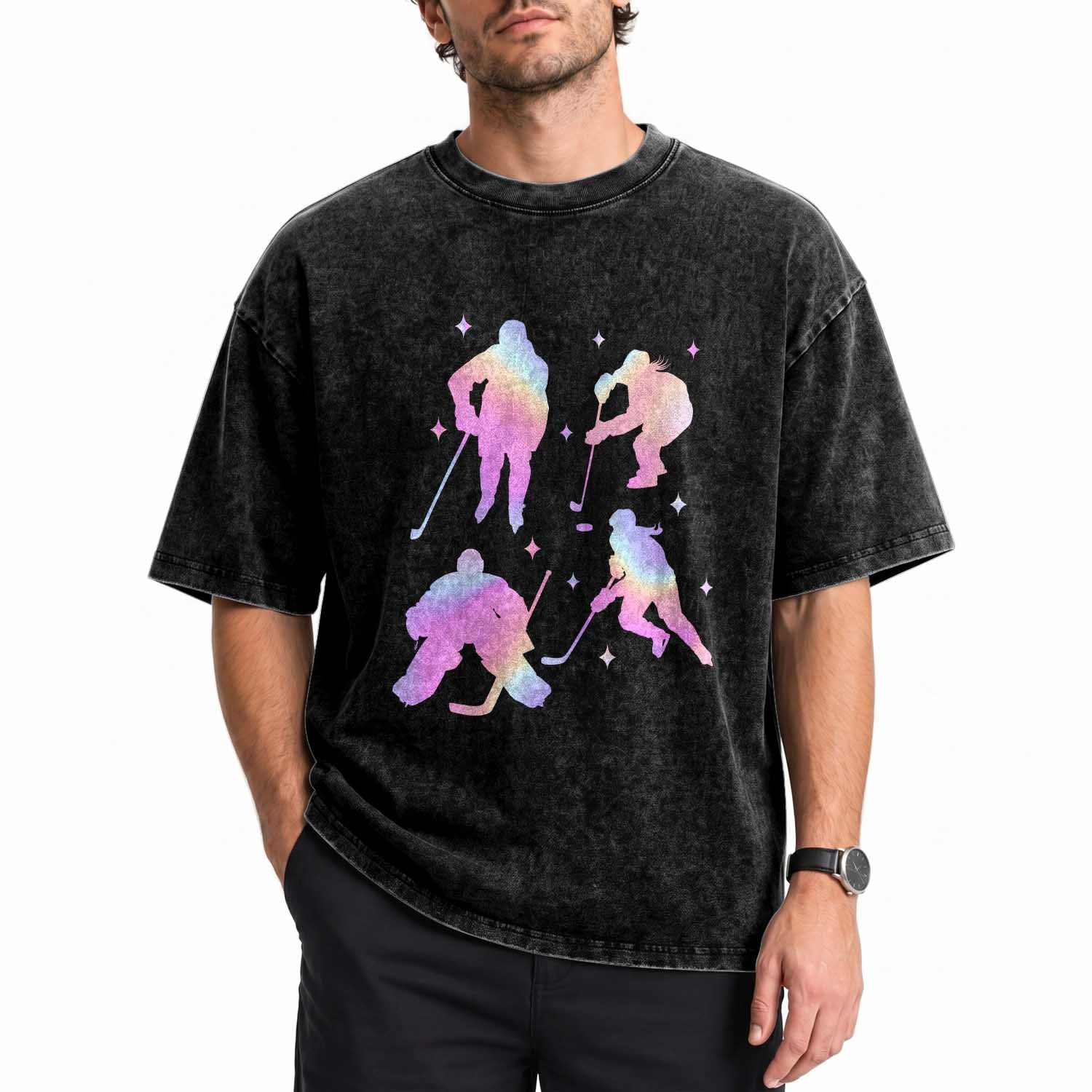 Iridescent Effect Hockey Players Retro Sport Lover Gift Washed Cotton T-Shirt