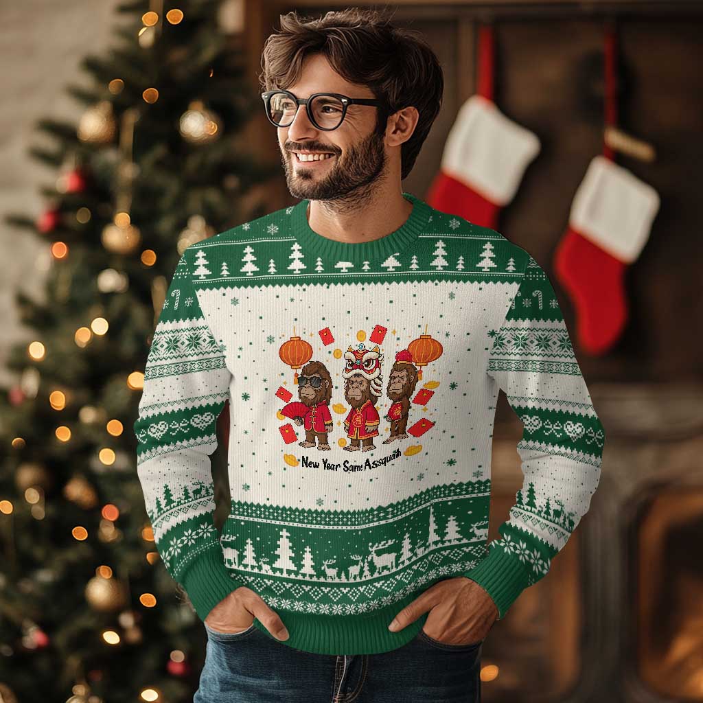 Funny New Year Same Assquatch Ugly Christmas Sweater Bigfoot Lover TS12 Beige Green Print Your Wear