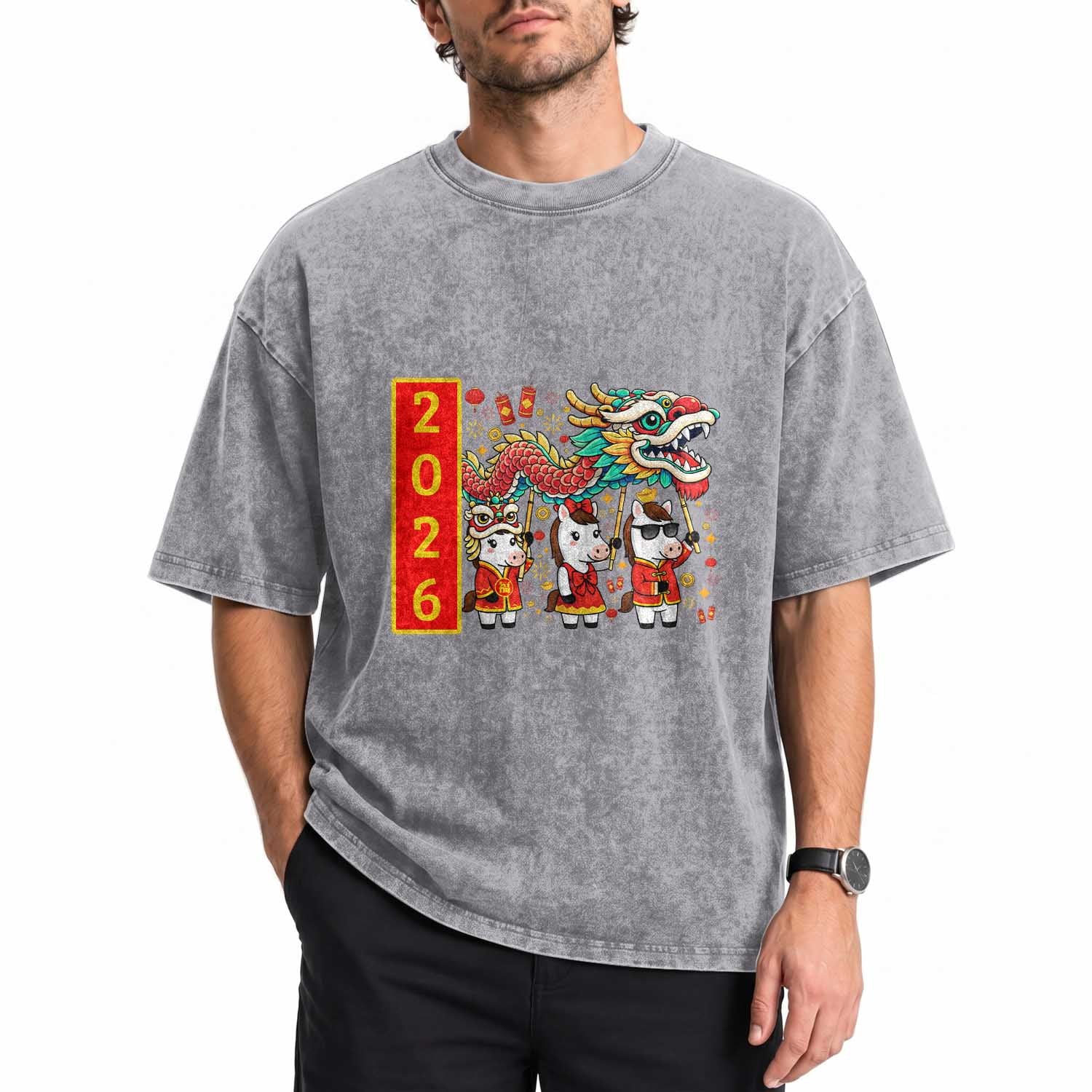 Cute Horse Dragon Dance Washed Cotton T-Shirt Lunar New Year