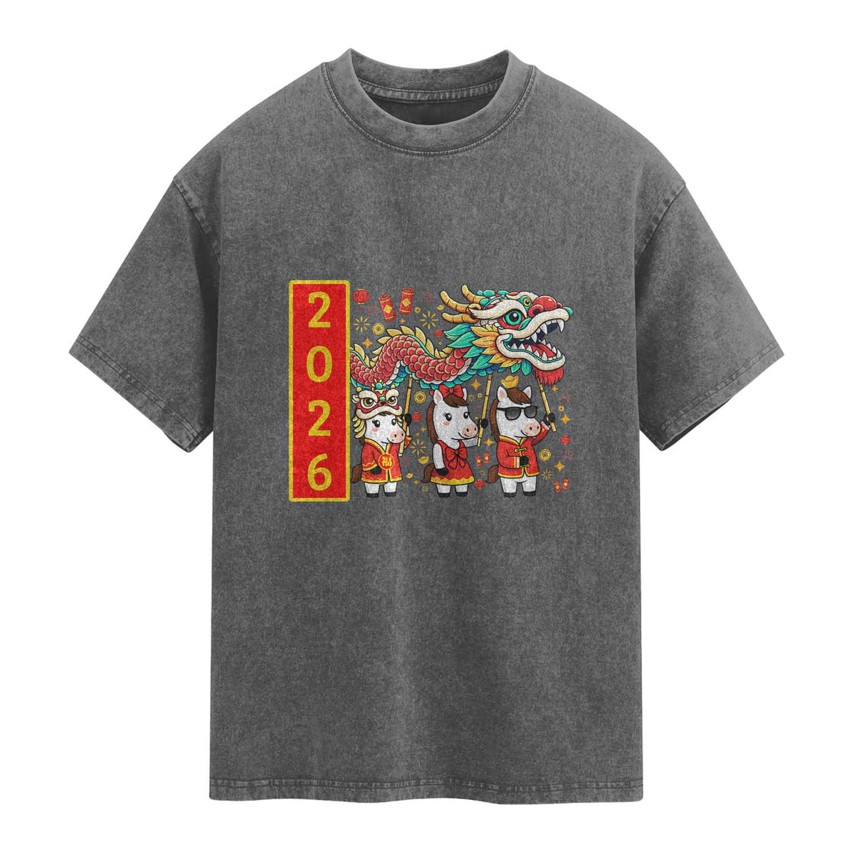 Cute Horse Dragon Dance Washed Cotton T-Shirt Lunar New Year