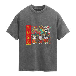 Cute Horse Dragon Dance Washed Cotton T-Shirt Lunar New Year