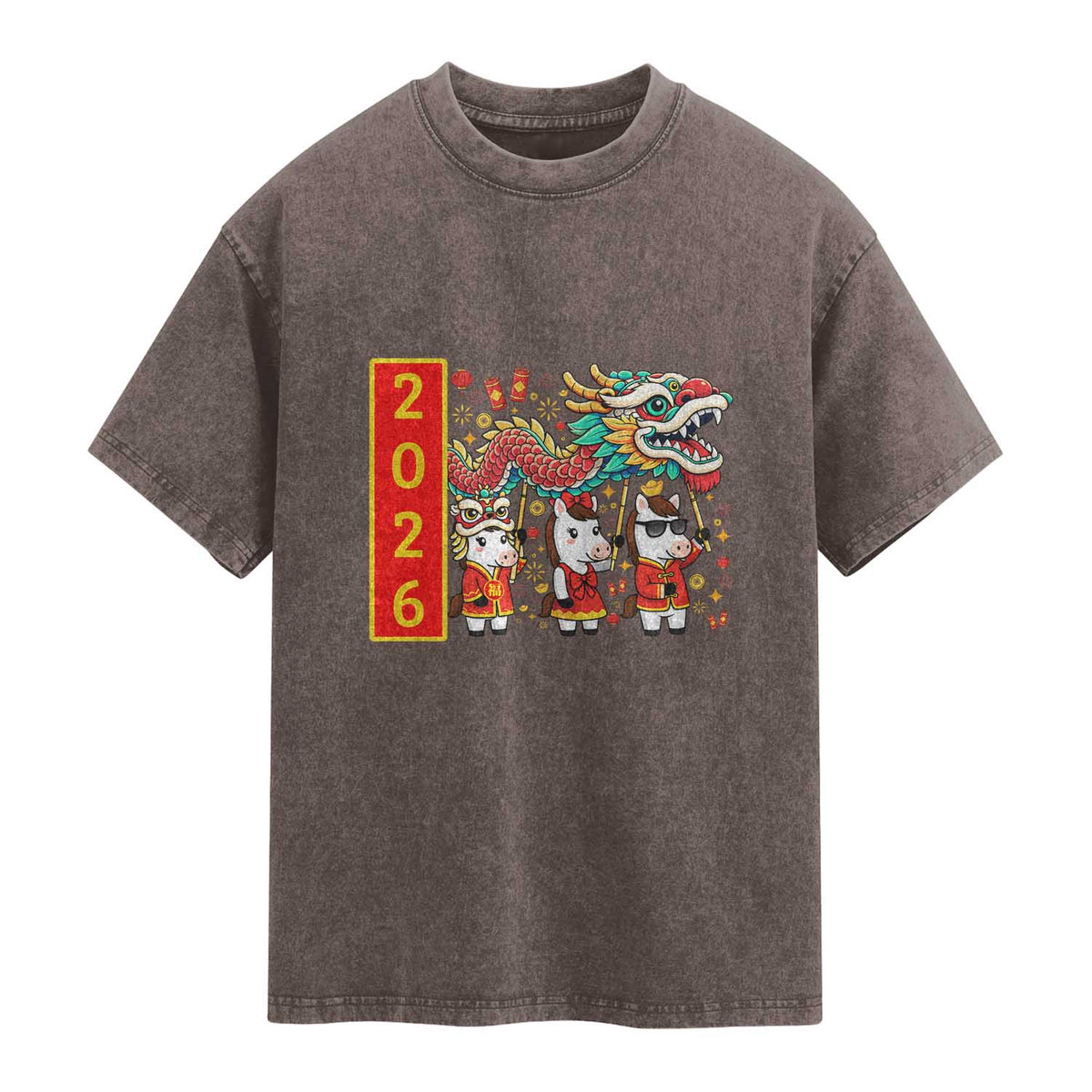 Cute Horse Dragon Dance Washed Cotton T-Shirt Lunar New Year