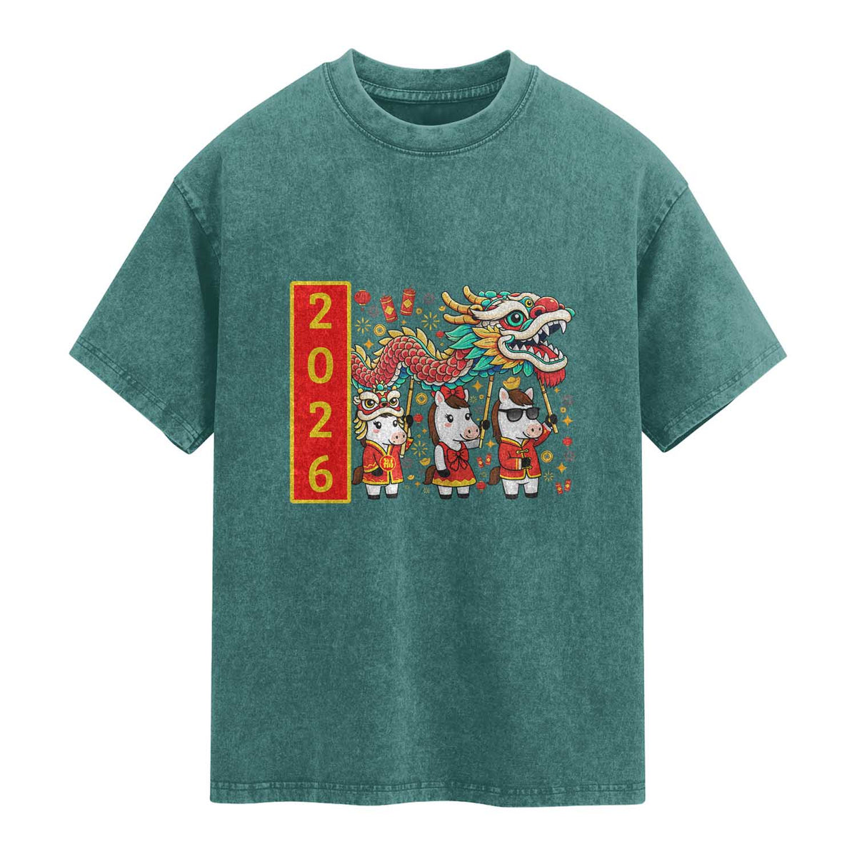 Cute Horse Dragon Dance Washed Cotton T-Shirt Lunar New Year