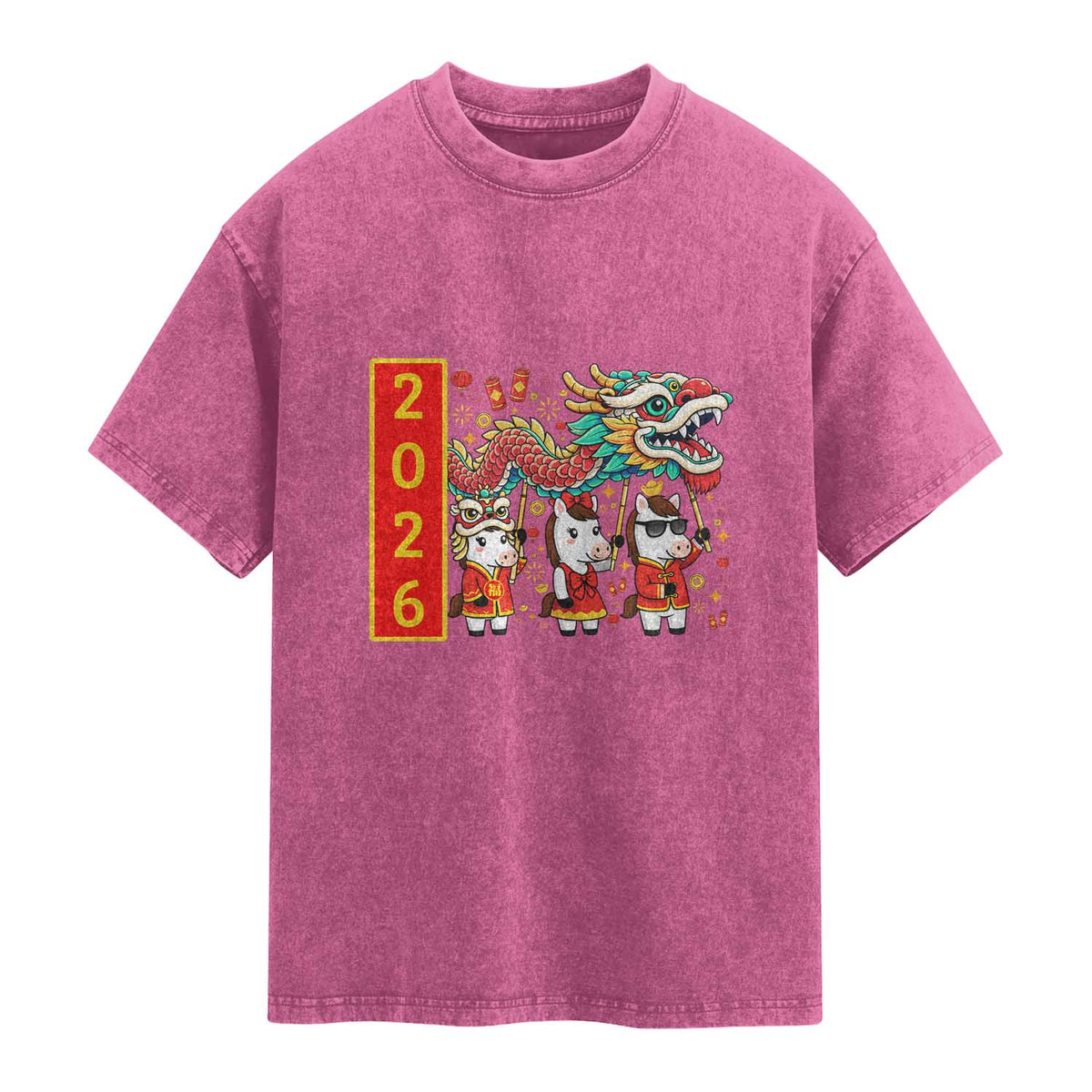 Cute Horse Dragon Dance Washed Cotton T-Shirt Lunar New Year