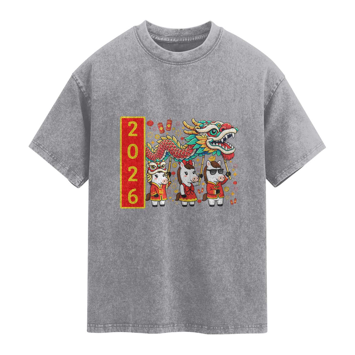 Cute Horse Dragon Dance Washed Cotton T-Shirt Lunar New Year