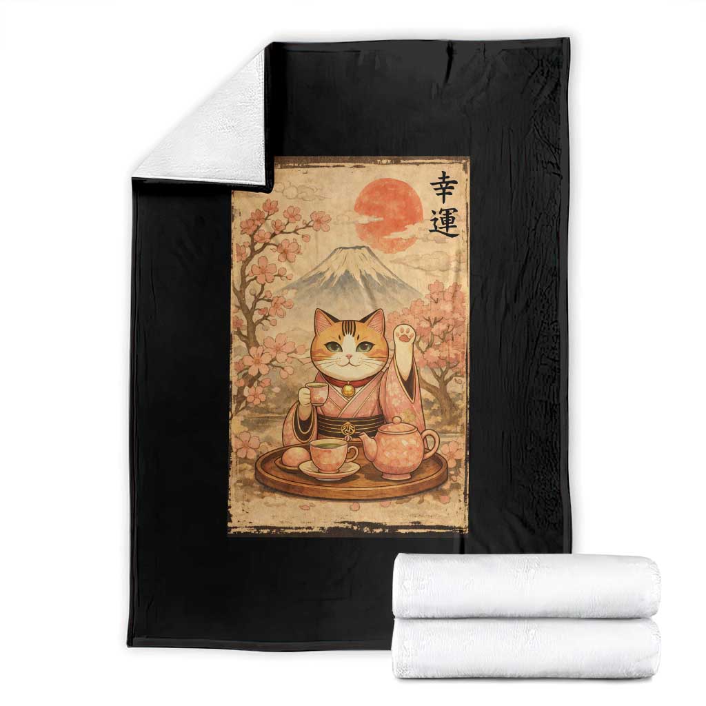 Japanese Maneki Neko Drinking Tea Kawaii Lucky Cat Throw Blanket TS12 Black Print Your Wear