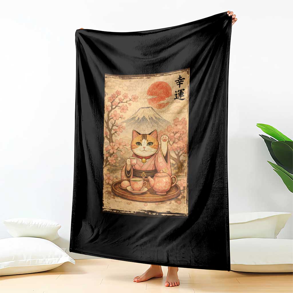 Japanese Maneki Neko Drinking Tea Kawaii Lucky Cat Throw Blanket TS12 Print Your Wear