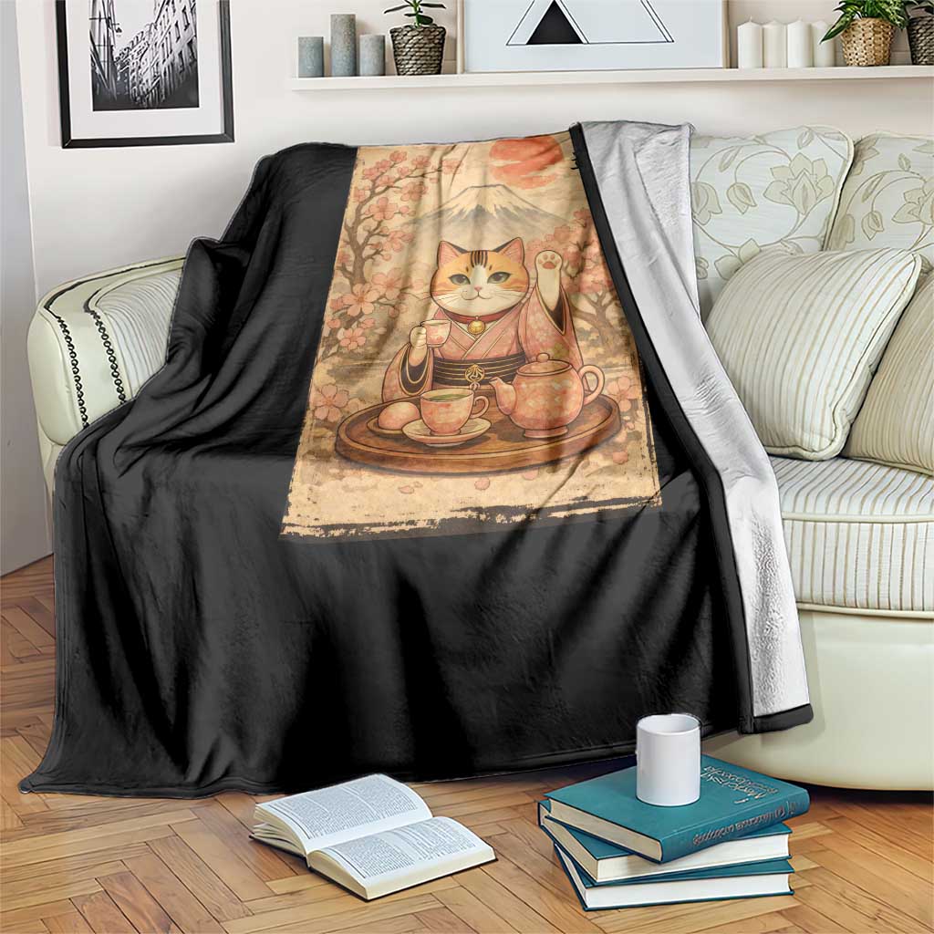 Japanese Maneki Neko Drinking Tea Kawaii Lucky Cat Throw Blanket TS12 Print Your Wear