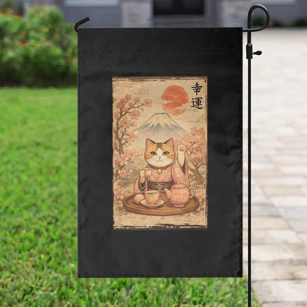 Japanese Maneki Neko Drinking Tea Kawaii Lucky Cat Garden Flag TS12 Print Your Wear