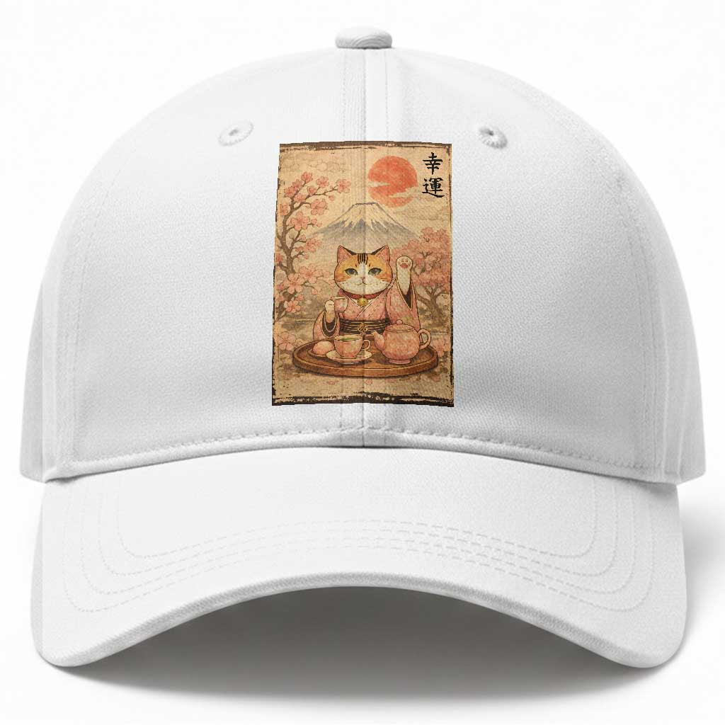 Japanese Maneki Neko Drinking Tea Kawaii Lucky Cat Baseball Cap TS12 Print Your Wear