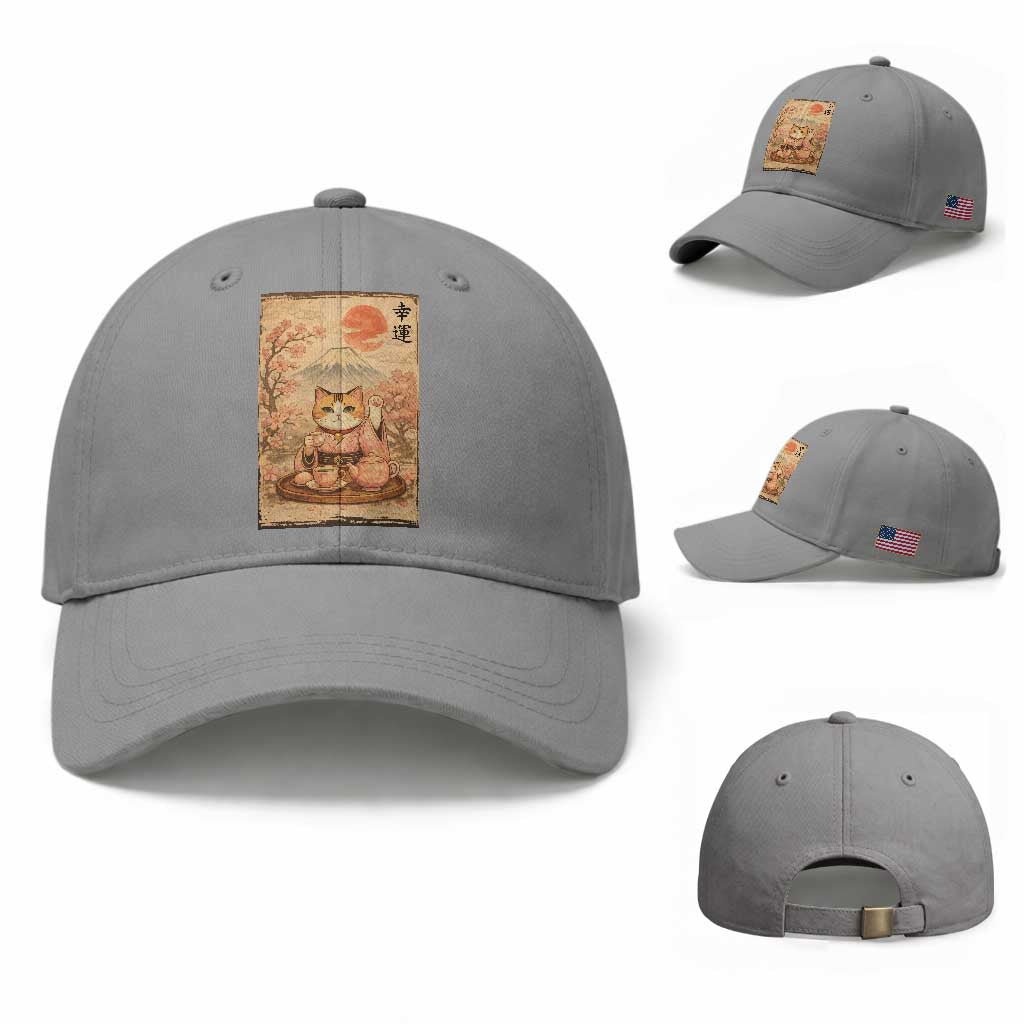 Japanese Maneki Neko Drinking Tea Kawaii Lucky Cat Baseball Cap TS12 Baseball Cap Universal Fit Sport Gray Print Your Wear