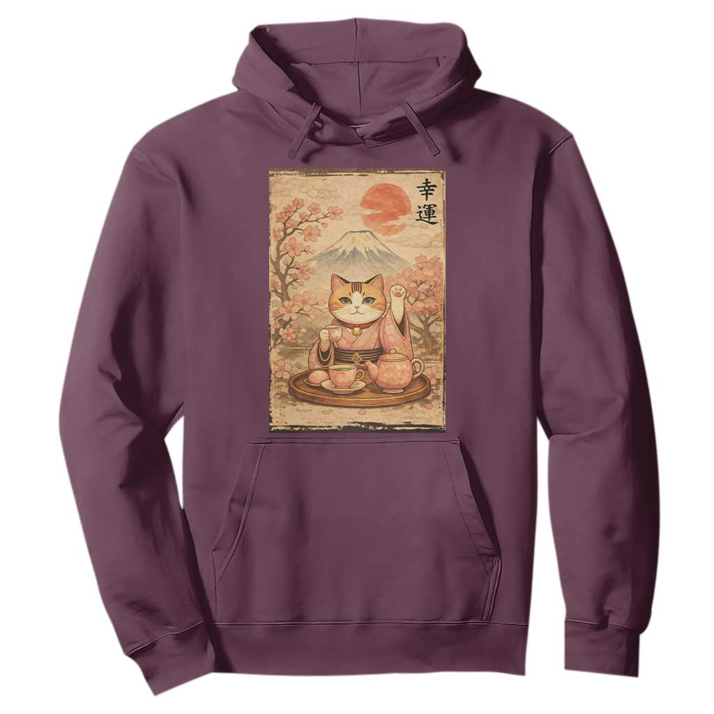 Japanese Maneki Neko Drinking Tea Kawaii Lucky Cat Hoodie TS12 Maroon Print Your Wear