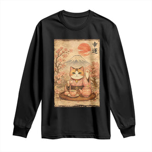 Japanese Maneki Neko Drinking Tea Kawaii Lucky Cat Long Sleeve Shirt TS12 Black Print Your Wear