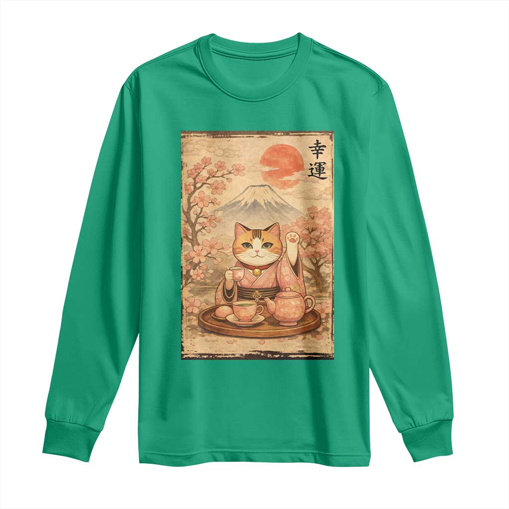 Japanese Maneki Neko Drinking Tea Kawaii Lucky Cat Long Sleeve Shirt TS12 Irish Green Print Your Wear