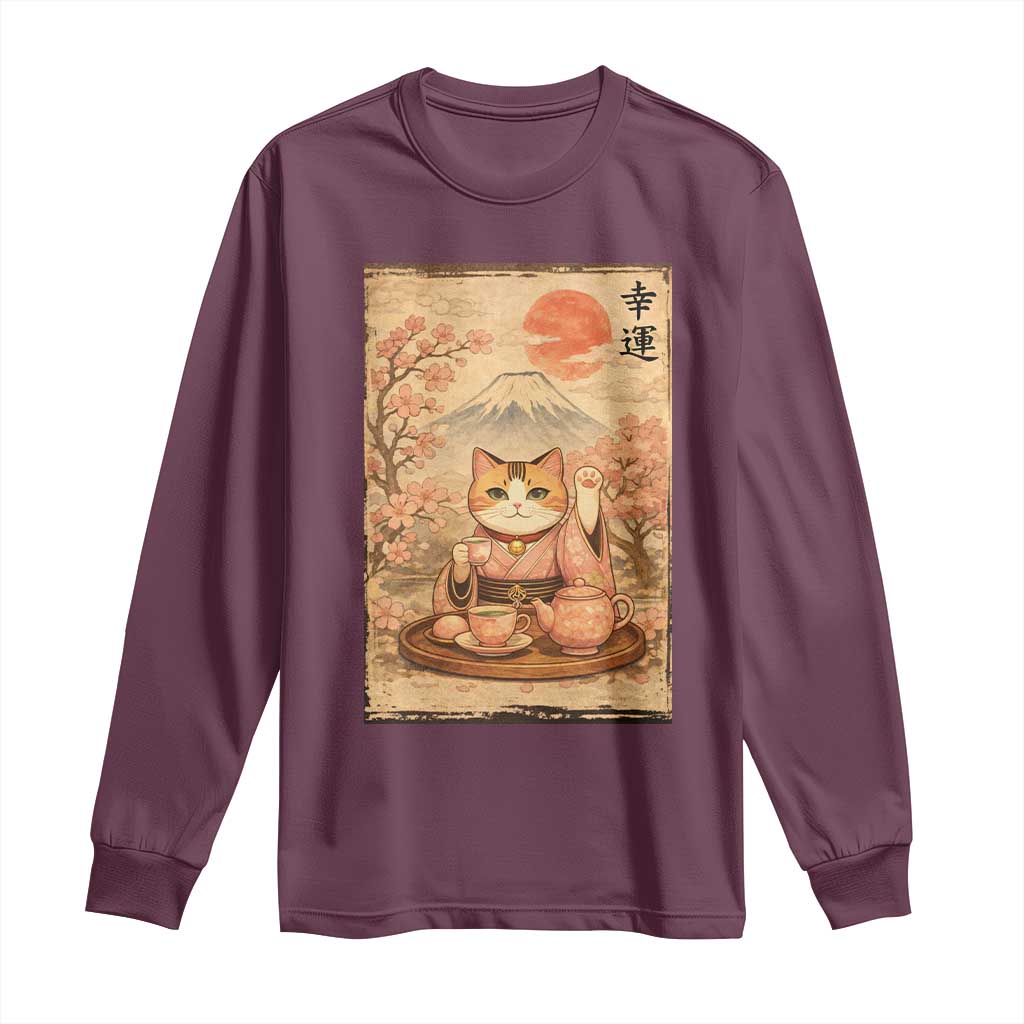 Japanese Maneki Neko Drinking Tea Kawaii Lucky Cat Long Sleeve Shirt TS12 Maroon Print Your Wear