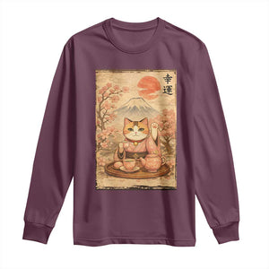 Japanese Maneki Neko Drinking Tea Kawaii Lucky Cat Long Sleeve Shirt TS12 Maroon Print Your Wear