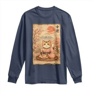 Japanese Maneki Neko Drinking Tea Kawaii Lucky Cat Long Sleeve Shirt TS12 Navy Print Your Wear