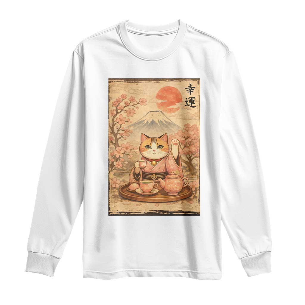 Japanese Maneki Neko Drinking Tea Kawaii Lucky Cat Long Sleeve Shirt TS12 White Print Your Wear
