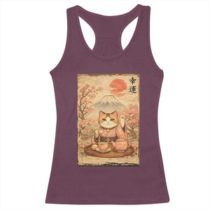Japanese Maneki Neko Drinking Tea Kawaii Lucky Cat Racerback Tank Top TS12 Maroon Print Your Wear