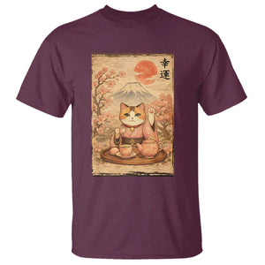 Japanese Maneki Neko Drinking Tea Kawaii Lucky Cat T Shirt TS12 Maroon Print Your Wear