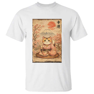 Japanese Maneki Neko Drinking Tea Kawaii Lucky Cat T Shirt TS12 White Print Your Wear