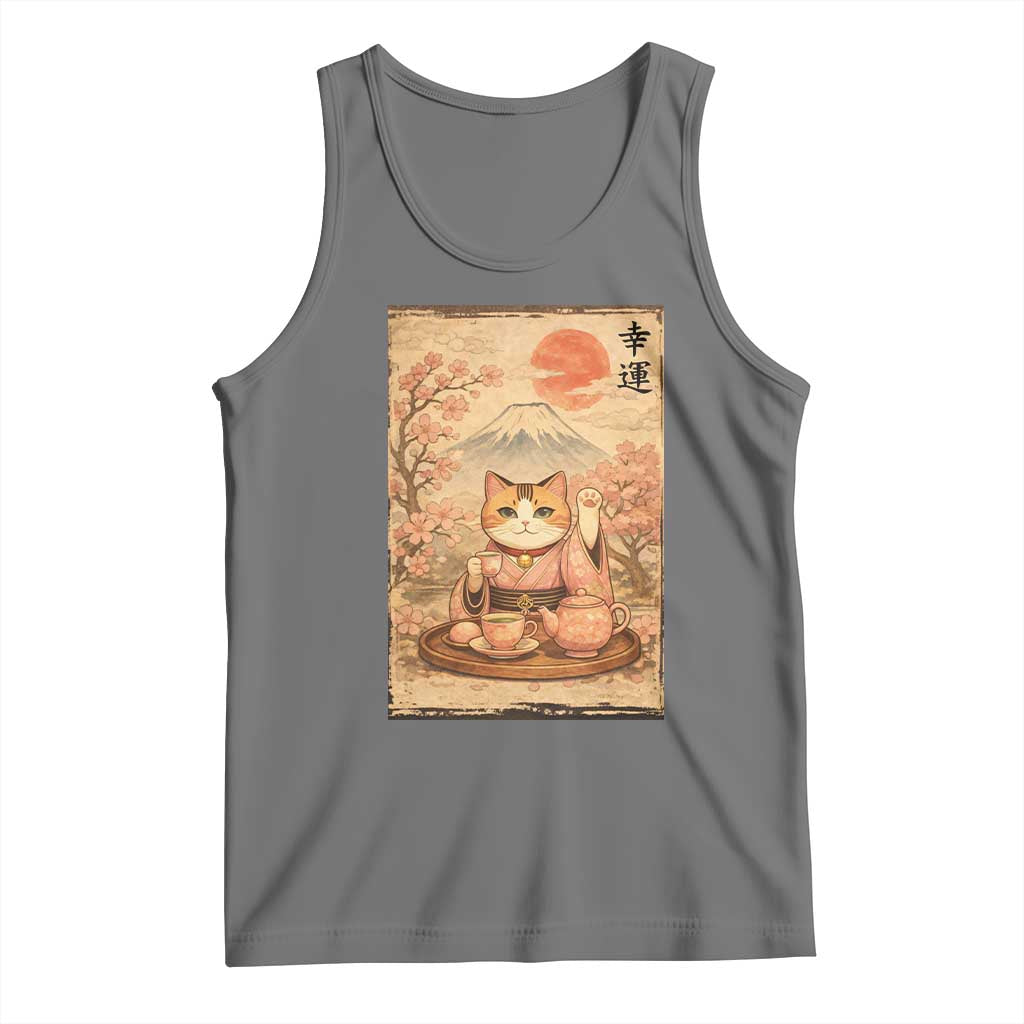 Japanese Maneki Neko Drinking Tea Kawaii Lucky Cat Tank Top TS12 Black Heather Print Your Wear