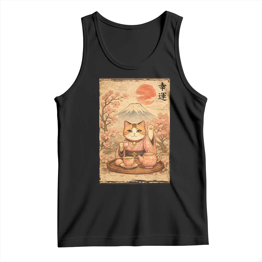 Japanese Maneki Neko Drinking Tea Kawaii Lucky Cat Tank Top TS12 Black Print Your Wear
