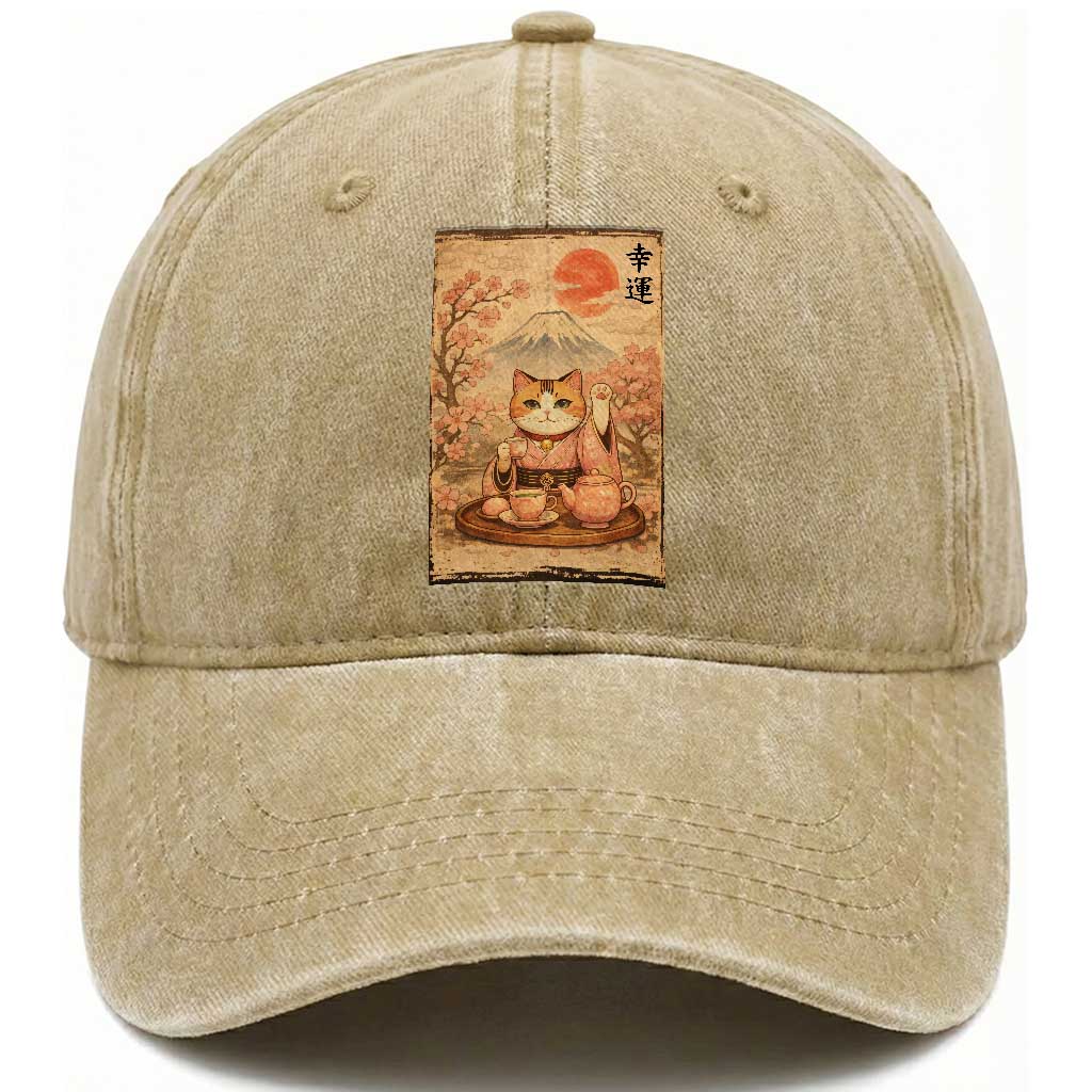 Japanese Maneki Neko Drinking Tea Kawaii Lucky Cat Washed Cotton Baseball Cap TS12 Print Your Wear