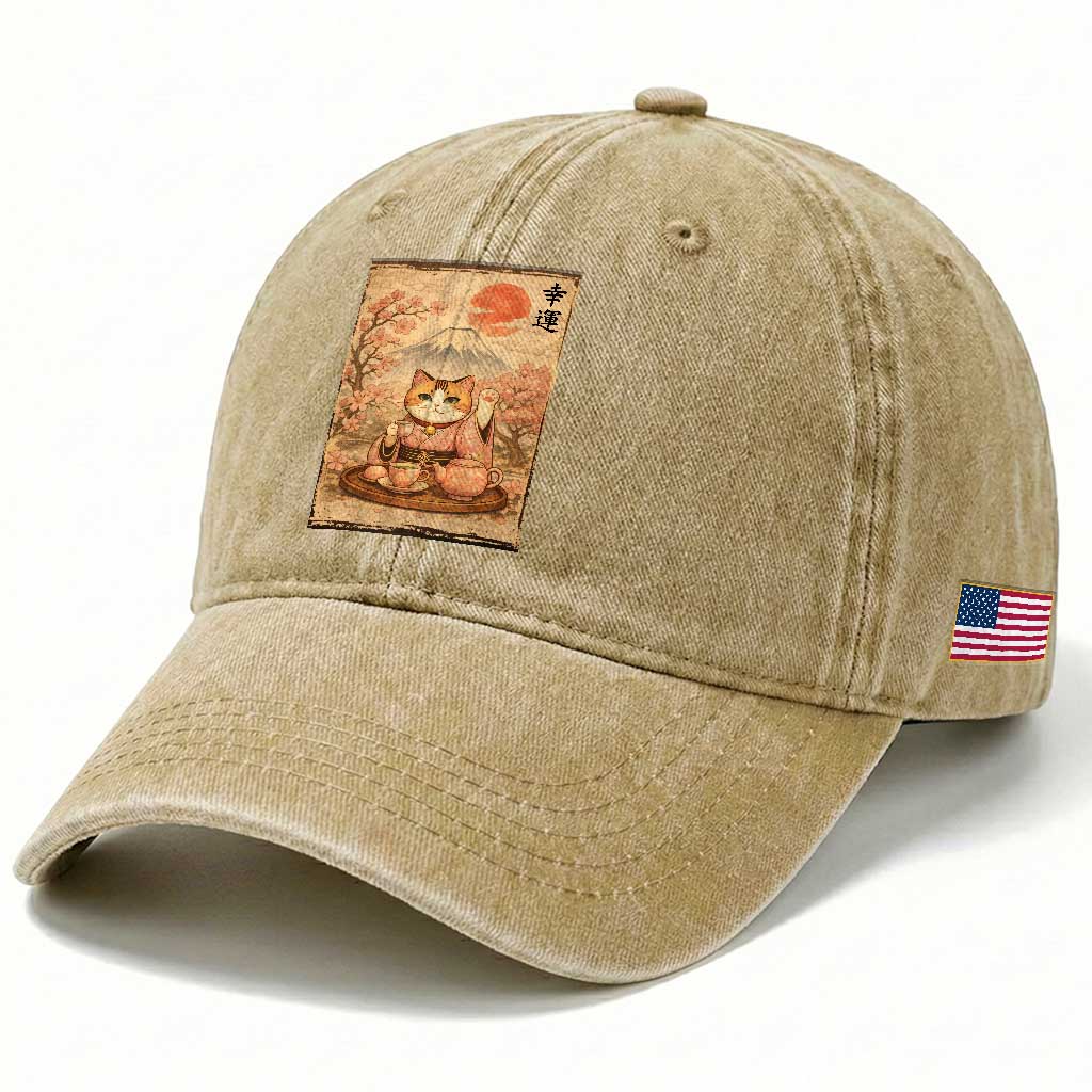 Japanese Maneki Neko Drinking Tea Kawaii Lucky Cat Washed Cotton Baseball Cap TS12 Print Your Wear