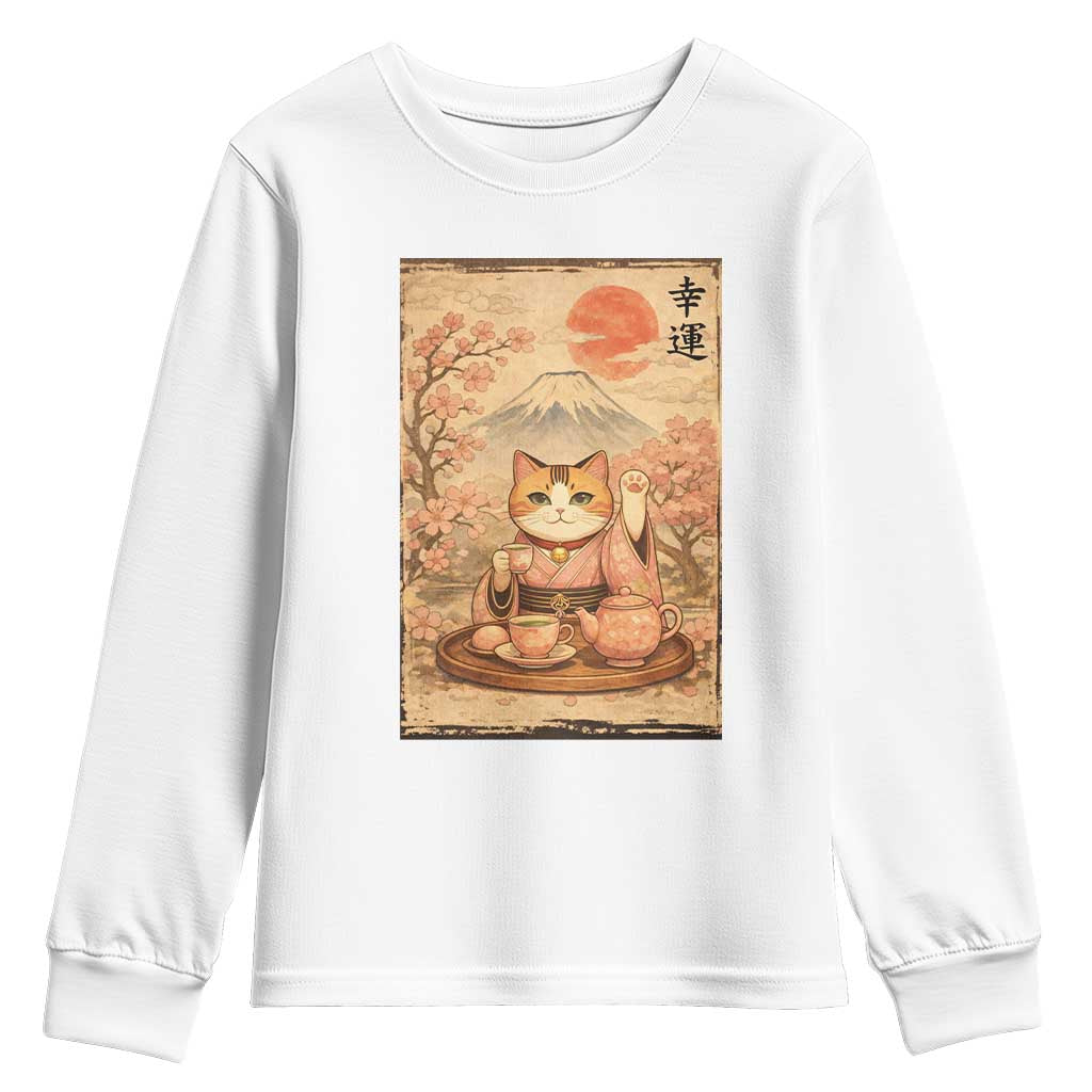 Japanese Maneki Neko Drinking Tea Kawaii Lucky Cat Youth Sweatshirt TS12 White Print Your Wear