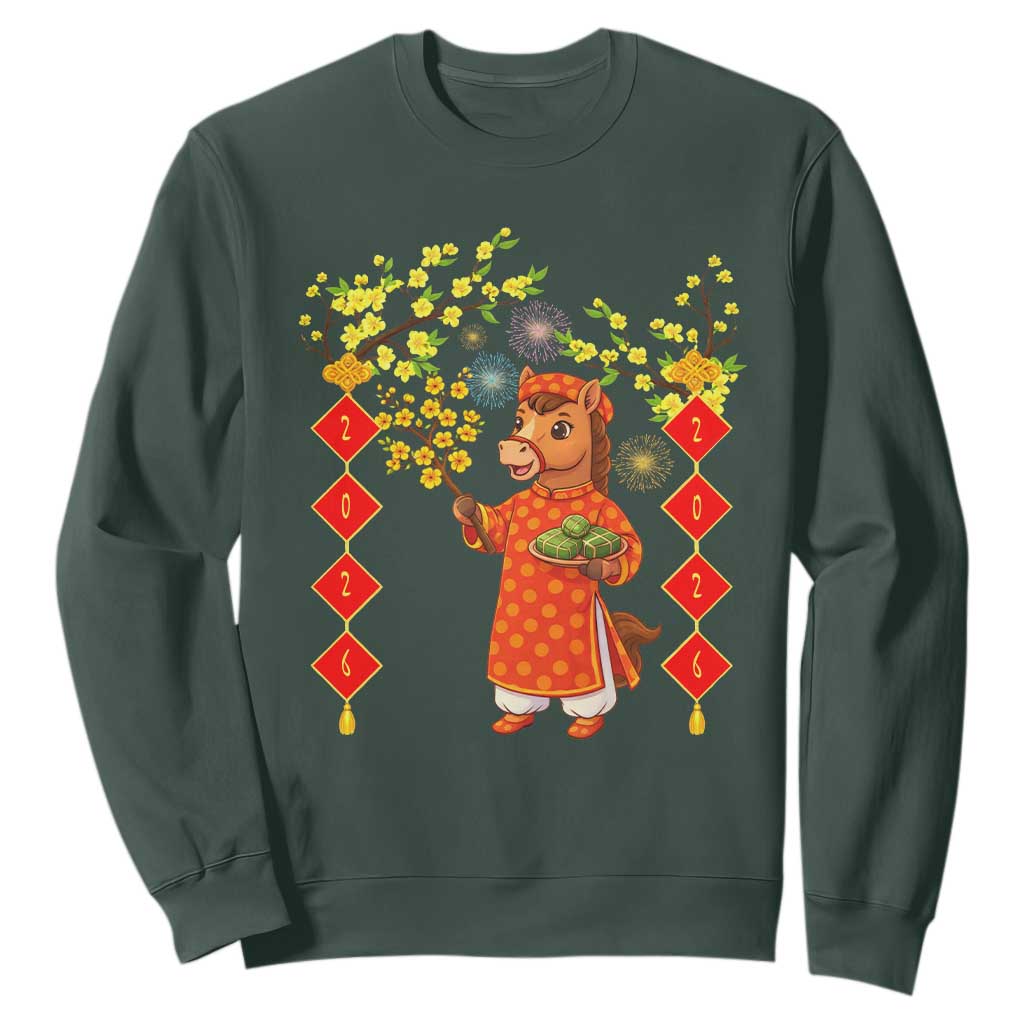Funny Tet Holiday Sweatshirt Cute Horse In Ao Dai TS12 Dark Forest Green Print Your Wear