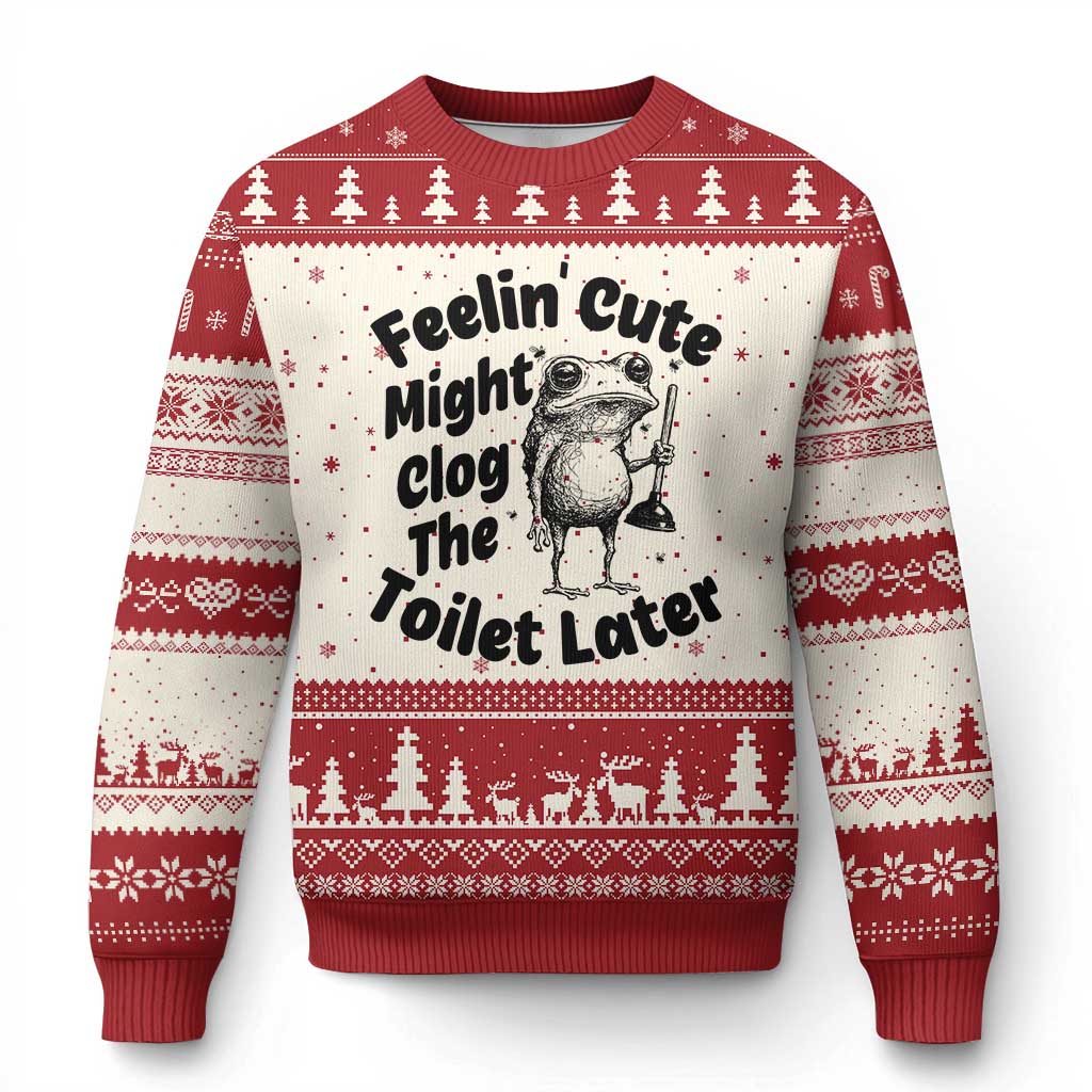 Funny Plumber Frog Gift Ugly Christmas Sweater Feeling Cute Might Clog The Toilet Later TS12 Beige Red Print Your Wear