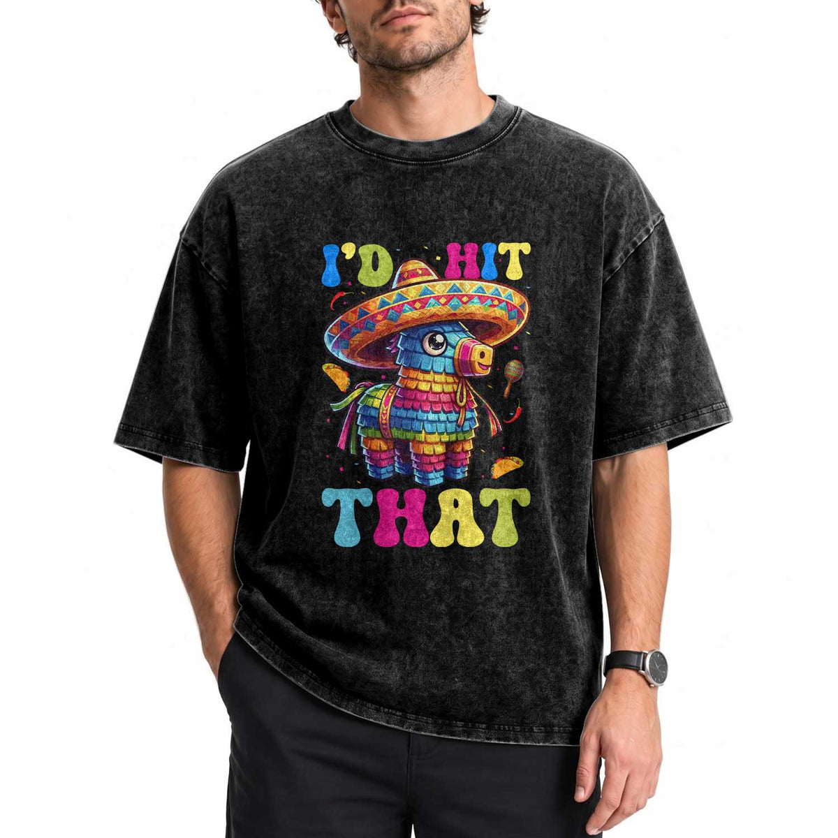 Funny Cinco De Mayo Pinata Washed Cotton T-Shirt Id Hit That