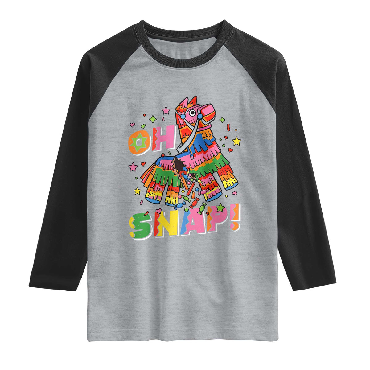 Funny Cinco De Mayo Pinata Candy Party Raglan Shirt Oh Snap TS12 Heather Gray Black Print Your Wear