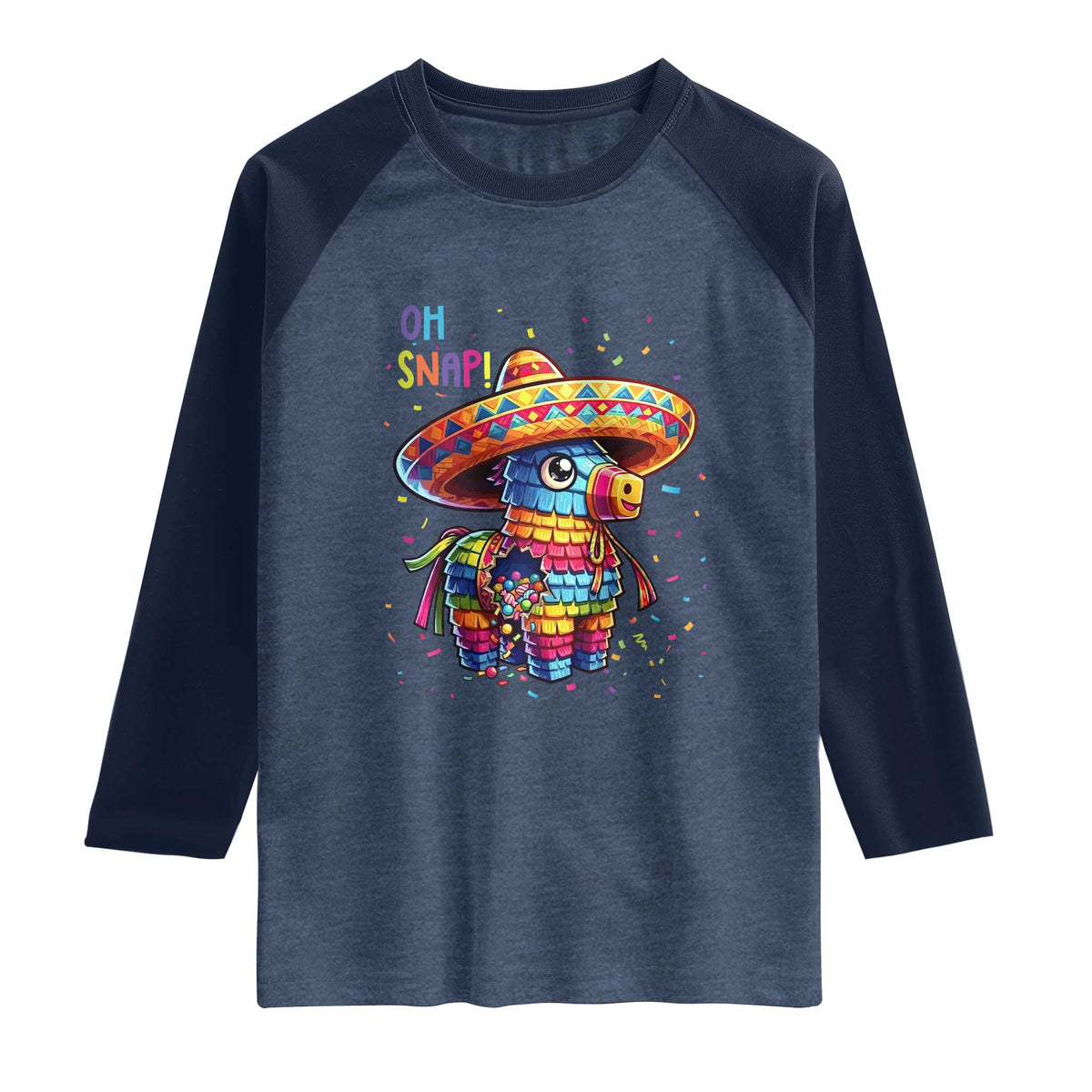 Hilarious Pinata Candy Rainbow Fiesta Party Raglan Shirt Oh Snap TS12 Heather Denim Navy Print Your Wear