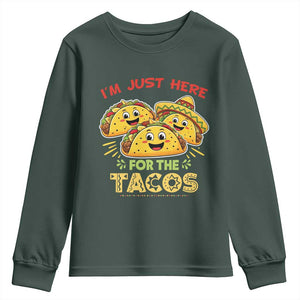 Funny Cinco De Mayo Just Here For The Tacos Youth Sweatshirt Taco Lover Gift TS12 Dark Forest Green Print Your Wear