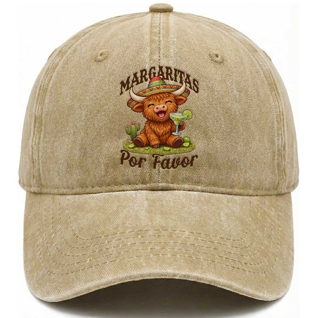 Funny Cinco De Mayo Highland Cow Washed Cotton Baseball Cap Margaritas Por Favor TS12 Print Your Wear