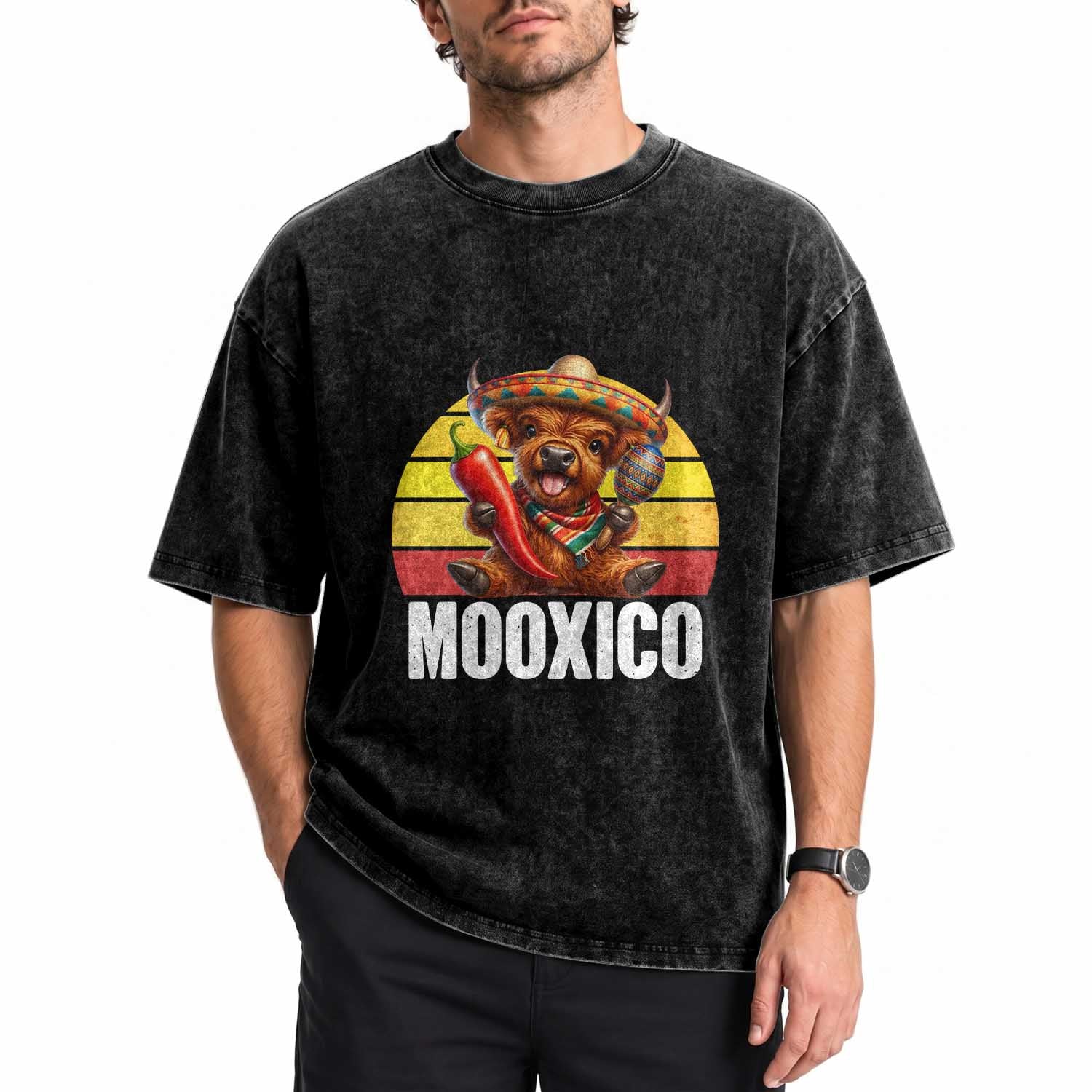 Funny Highland Cow MooXico Washed Cotton T-Shirt Cinco De Mayo Fiesta Party