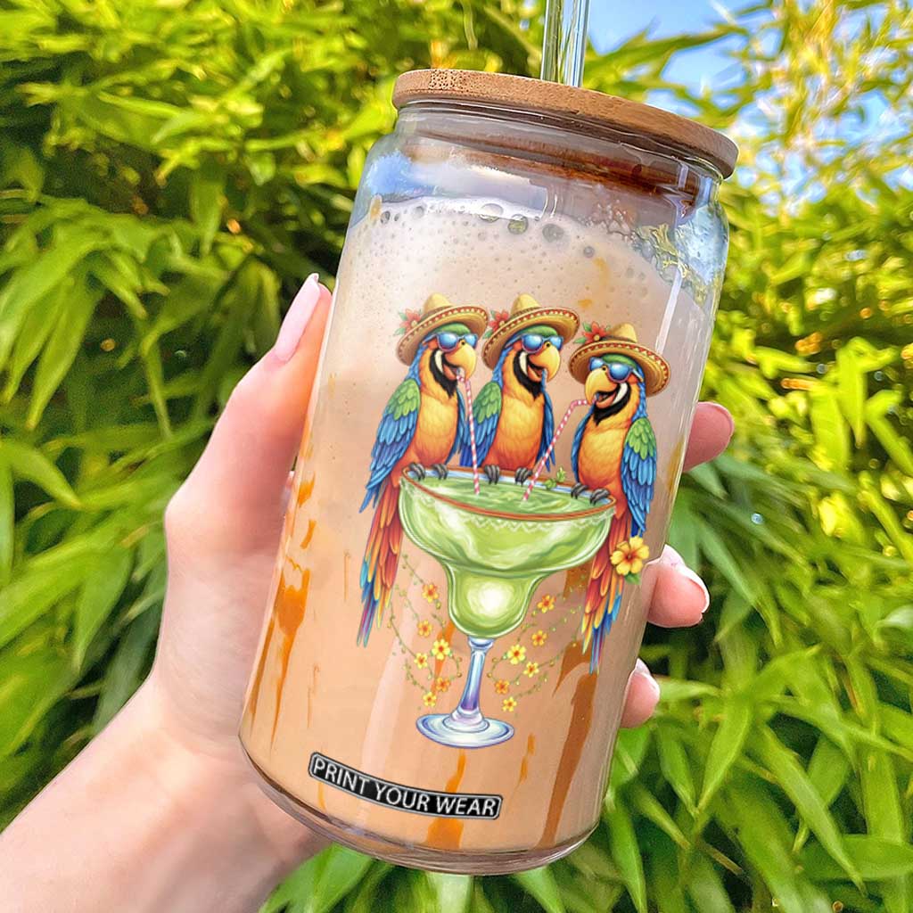 Cinco De Mayo Summer Party Glass Can Funny Parrots Drinking Margaritas TS12 White Print Your Wear
