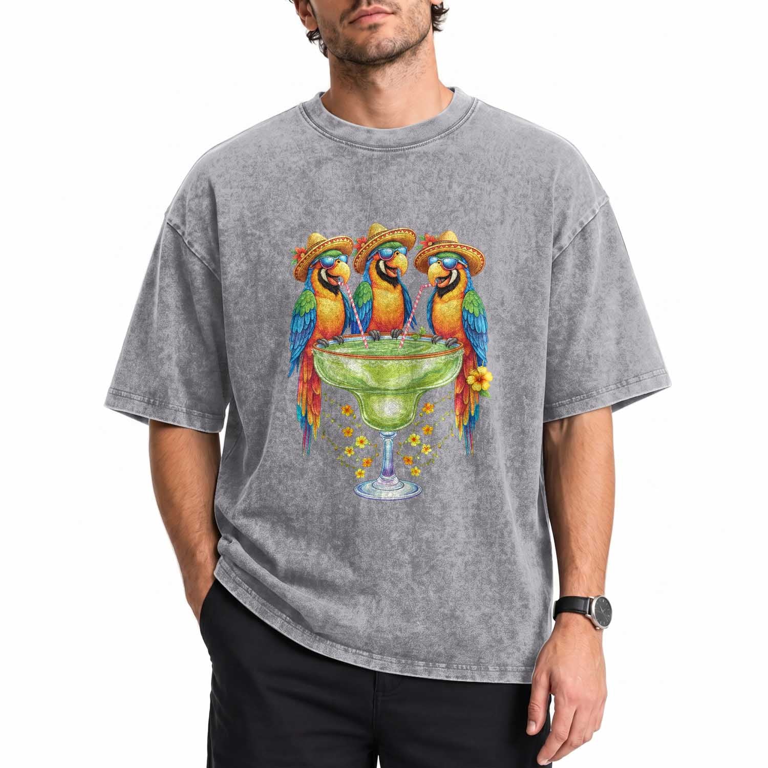 Cinco De Mayo Summer Party Washed Cotton T-Shirt Funny Parrots Drinking Margaritas