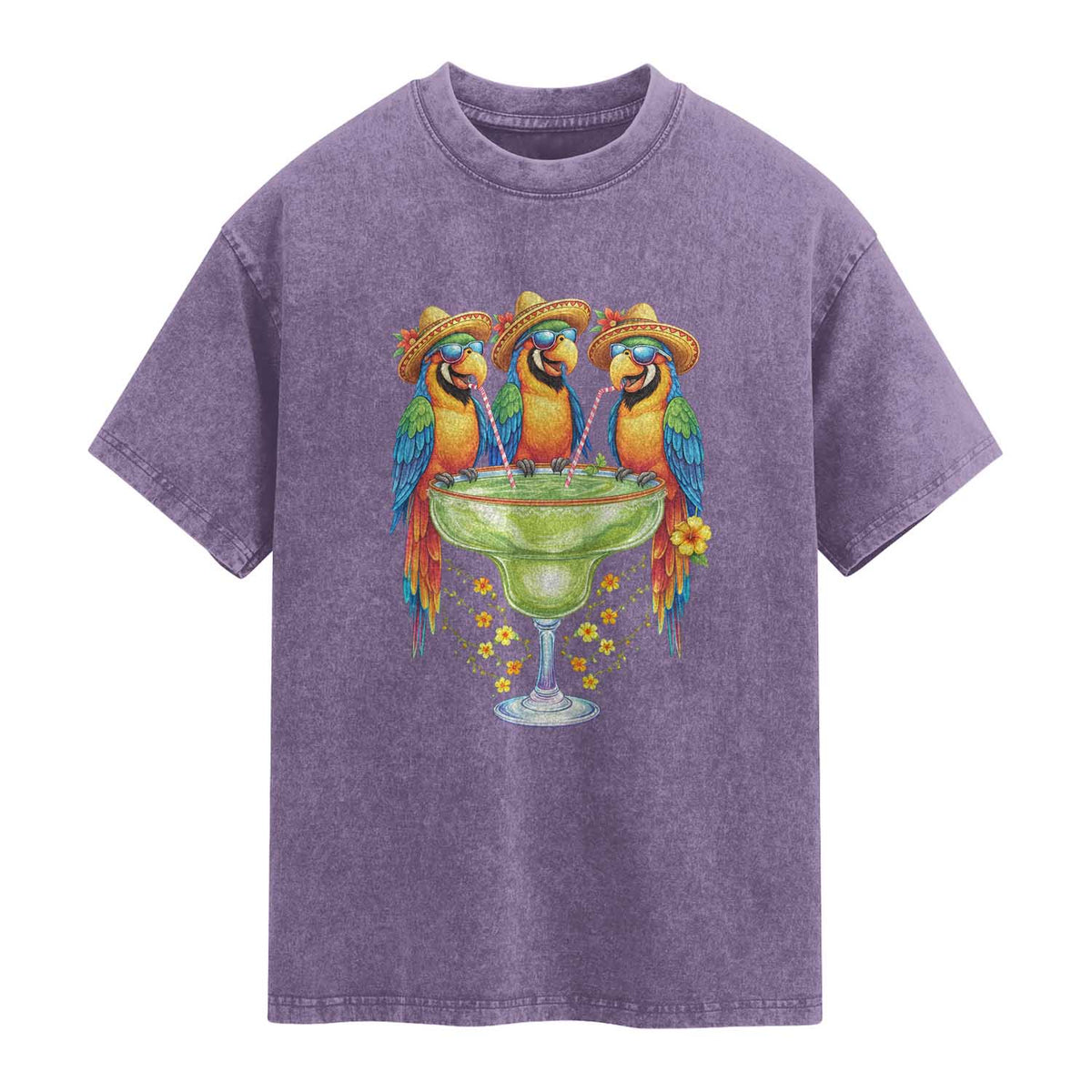 Cinco De Mayo Summer Party Washed Cotton T-Shirt Funny Parrots Drinking Margaritas