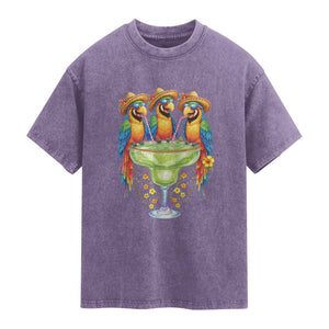 Cinco De Mayo Summer Party Washed Cotton T-Shirt Funny Parrots Drinking Margaritas