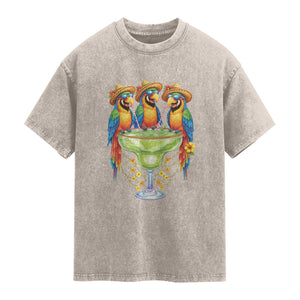 Cinco De Mayo Summer Party Washed Cotton T-Shirt Funny Parrots Drinking Margaritas