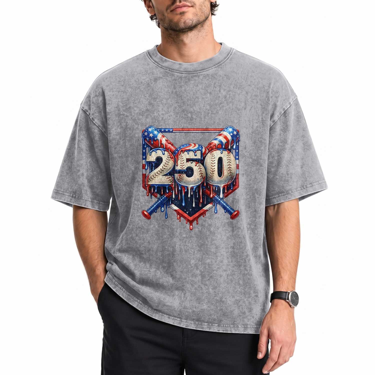 Patriotic Baseball Drip Washed Cotton T-Shirt USA 250th Anniversary Gift