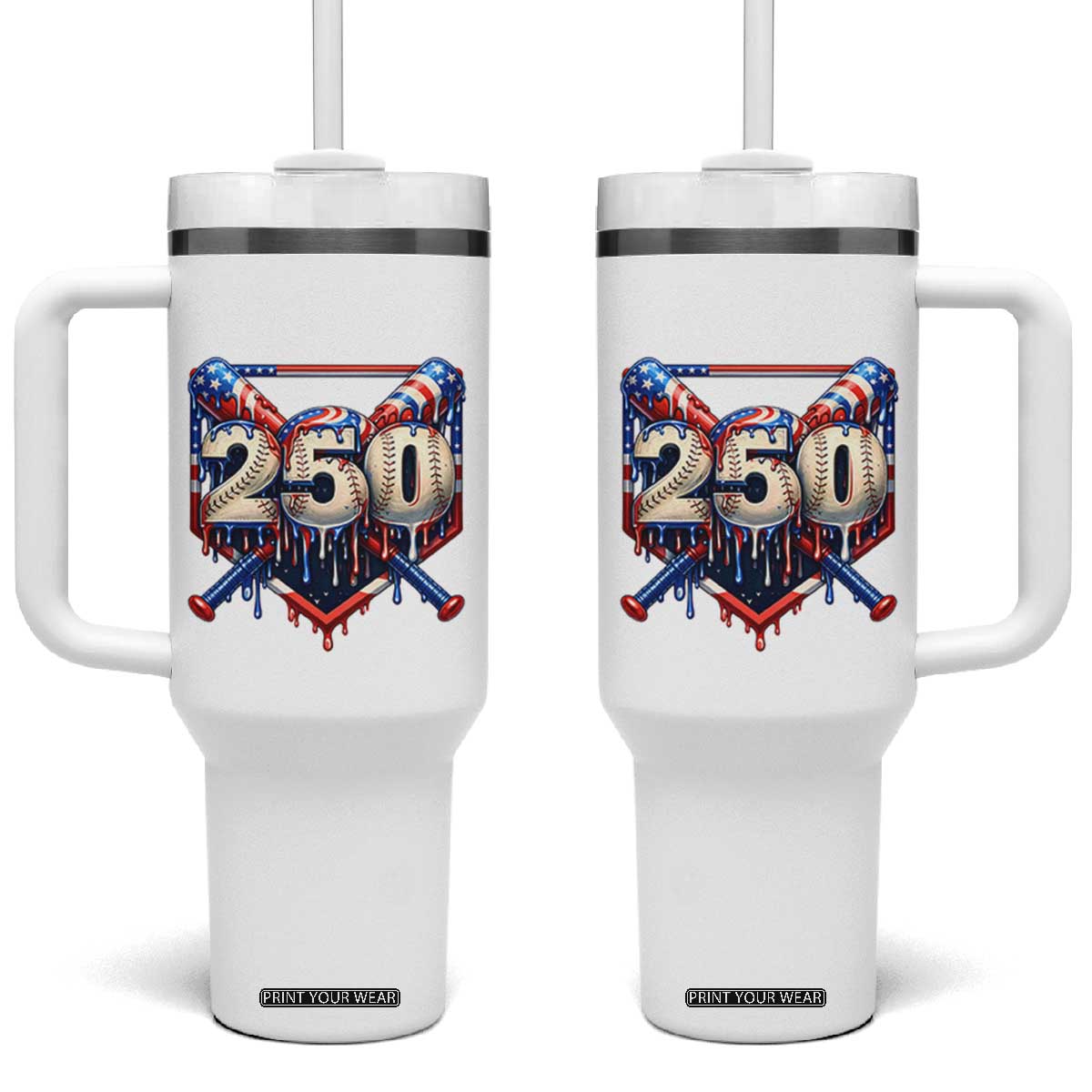 Patriotic Baseball Drip Tumbler With Handle USA 250th Anniversary Gift TS12 One Size: 40 oz White Print Your Wear